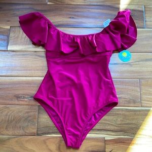 Raspberry one piece  open back bathing suit